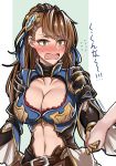  1girl @_@ beatrix_(granblue_fantasy) belt blue_ribbon blush breasts brown_hair cleavage cleavage_cutout collarbone commentary_request embarrassed eyebrows_visible_through_hair flying_sweatdrops granblue_fantasy green_eyes hair_ornament hair_ribbon hairclip hand_holding highres large_breasts long_hair navel nose_blush open_mouth out_of_frame ponytail ribbon sanmotogoroo simple_background solo_focus translation_request upper_body 