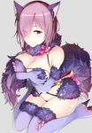  animal_ears bangs blush boots breasts cleavage closed_mouth covering covering_chest dangerous_beast elbow_gloves eyebrows_visible_through_hair eyes_visible_through_hair fate/grand_order fate_(series) fur-trimmed_gloves fur-trimmed_legwear fur_collar fur_trim gloves grey_background hair_over_one_eye halloween halloween_costume high_heel_boots high_heels kusano_houki lace lace-trimmed_thighhighs large_breasts leaning_forward looking_at_viewer mash_kyrielight o-ring o-ring_top purple_eyes purple_footwear purple_gloves purple_hair purple_legwear short_hair simple_background sitting smile solo tail thigh_boots thighhighs thighs tsurime wariza wolf_ears wolf_tail 