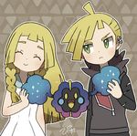  1girl :&gt; blonde_hair braid brother_and_sister closed_eyes cosmog dress gen_7_pokemon gladio_(pokemon) green_eyes hood hoodie lillie_(pokemon) long_hair long_sleeves piisuke_(ebiko) pokemon pokemon_(creature) pokemon_(game) pokemon_sm short_hair siblings sleeveless sleeveless_dress torn_clothes twin_braids white_dress 