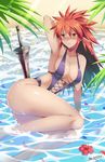  &gt;:( agarest_senki agarest_senki_(series) arm_behind_head armpits arms_up artist_name ass bangs bare_shoulders beach blush breasts brown_eyes closed_mouth collarbone dark_skin day elf eyebrows_visible_through_hair eyelashes flower frown full_body hair_between_eyes hand_up hibiscus highres large_breasts lavinia_(agarest_senki) leaf long_hair long_pointy_ears looking_at_viewer medium_breasts nose_blush ocean orange_eyes outdoors petals plant pointy_ears purple_swimsuit red_flower red_hair sand shiny shiny_hair shiny_skin signature simple_background sitting solo spiked_hair sunlight swimsuit sword the-sinner v-shaped_eyebrows very_long_hair water weapon 