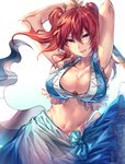  armpits arms_behind_head bare_arms bikini blue_bikini breasts cleavage collarbone cowboy_shot frilled_bikini_top frills hair_bobbles hair_ornament highres holding large_breasts looking_at_viewer navel o-ring o-ring_bikini o-ring_top onozuka_komachi red_eyes red_hair scythe see-through simple_background smile solo stomach swimsuit touhou two_side_up uu_uu_zan white_background 