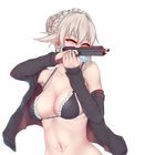  alternate_breast_size artoria_pendragon_(all) artoria_pendragon_(swimsuit_rider_alter) bangs bikini black_bikini blonde_hair braid breasts cleavage commentary_request eyebrows_visible_through_hair fate/grand_order fate_(series) finger_on_trigger firing gangsta_hold glowing glowing_eyes gun hair_between_eyes handgun holding holding_gun holding_weapon hood hoodie jewelry maid_bikini maid_headdress navel navel_piercing nikuku_(kazedesune) open_clothes open_hoodie orange_eyes piercing pistol ring sidelocks simple_background solo swimsuit tattoo upper_body weapon white_background 