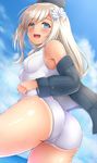  ass blonde_hair blue_eyes blue_sky breasts cloud cropped_jacket day garrison_cap hair_ribbon hat kantai_collection long_hair looking_at_viewer ocean one-piece_swimsuit piyobomu ribbon school_swimsuit sky small_breasts solo swimsuit tan tanline u-511_(kantai_collection) water white_ribbon white_school_swimsuit white_swimsuit 