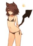 animal_ears arms_behind_back bare_arms bare_legs bikini black_bikini breasts brown_hair cat_ears hair_over_one_eye highres looking_at_viewer medium_hair navel original paw_background red_eyes ruiten side-tie_bikini small_breasts solo standing stomach swimsuit tail 