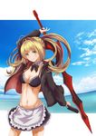  aestus_estus ahoge apron arm_above_head arm_behind_head artoria_pendragon_(all) artoria_pendragon_(swimsuit_rider_alter) artoria_pendragon_(swimsuit_rider_alter)_(cosplay) bikini blonde_hair blue_sky bow breasts choker cleavage cloud commentary_request cosplay crypto_creator day fate/grand_order fate_(series) green_eyes groin hair_intakes highres jacket long_hair looking_at_viewer maid_apron medium_breasts navel neck_ribbon nero_claudius_(fate)_(all) nero_claudius_(swimsuit_caster)_(fate) ocean ribbon sky smile solo swimsuit sword toy_gun twintails water weapon 
