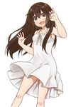  :d alternate_hairstyle brown_eyes brown_hair cowboy_shot dress hair_down hand_in_hair long_hair minami-ke minami_kana mo-fu open_mouth sleeveless smile solo sundress white_background white_dress 