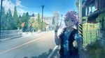  anonamos arm_behind_back bangs blue_eyes blue_shirt blue_shorts blue_sky bracelet breasts building child closed_mouth cloud commentary day eyebrows_visible_through_hair hand_up house hunter_x_hunter jewelry looking_at_viewer machi_(hunter_x_hunter) medium_breasts necklace outdoors people pink_hair power_lines road scenery shirt short_hair short_sleeves shorts sky sleeveless_jacket smile telephone_pole town tree w 