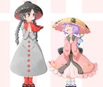  :d ^_^ ajirogasa black_hair blush_stickers bowl bowl_hat braid buttons capelet closed_eyes clothes_writing dress earlobes feet_together grey_dress hands_together hat headwear_switch height_difference japanese_clothes kikurage_(sugi222) kimono long_hair multiple_girls needle obi open_mouth purple_hair red_capelet red_eyes sandals sash short_hair smile sukuna_shinmyoumaru touhou twin_braids yatadera_narumi 