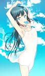  armpits arms_up blue_eyes blue_hair breasts cloud coin_rand collarbone day food food_in_mouth highres long_hair mouth_hold nipples original popsicle see-through sky small_breasts solo wind 
