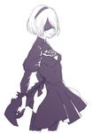  ass blindfold breasts cleavage covered_nipples dress gloves hairband kaburagi_yuki monochrome nier_(series) nier_automata puffy_sleeves simple_background small_breasts solo thighhighs white_background yorha_no._2_type_b 
