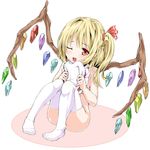 blonde_hair blush eyebrows_visible_through_hair fang flandre_scarlet hat kagkfc1z looking_at_viewer mob_cap nude one_eye_closed open_mouth red_eyes short_hair short_ponytail side_ponytail sitting smile solo thighhighs touhou white_legwear wings 