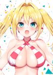  :o ahoge aqua_eyes ayuma_sayu bare_shoulders bikini blonde_hair blush breasts bursting_breasts cleavage confetti criss-cross_halter ear_piercing fate/grand_order fate_(series) hair_between_eyes hair_intakes halterneck highres large_breasts long_hair looking_at_viewer nero_claudius_(fate)_(all) nero_claudius_(swimsuit_caster)_(fate) open_mouth piercing solo striped striped_bikini swimsuit twintails upper_body v-shaped_eyebrows white_background 