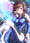  acronym animal_print arm_support artist_name bangs blue_bodysuit blurry blurry_background blush bodysuit breasts brown_eyes brown_hair bunny_print chair cherry_blossoms chinchongcha clenched_hand clothes_writing cockpit computer copyright_name crossed_legs d.va_(overwatch) day eyebrows_visible_through_hair facepaint facial_mark gloves headphones high_collar highres interface legs_up light_smile logo long_hair looking_at_viewer mecha medium_breasts meka_(overwatch) open_mouth outdoors overwatch petals pilot_suit ribbed_bodysuit shoulder_pads sitting skin_tight solo swept_bangs watermark web_address whisker_markings white_gloves 