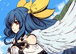  asymmetrical_wings bare_shoulders blue_hair blue_sky bow breasts cleavage commentary cubehero day detached_collar detached_sleeves dizzy guilty_gear guilty_gear_xrd hair_bow long_hair medium_breasts red_eyes sky solo wings yellow_bow 