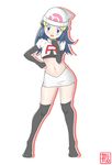  :d absurdres black_gloves black_legwear blue_eyes blue_hair blush crop_top elbow_gloves full_body gloves hair_ornament hairclip hat head_tilt highres hikari_(pokemon) long_hair looking_at_viewer midriff miniskirt navel open_mouth pencil_skirt poke_ball_symbol pokemon pokemon_(anime) pokemon_dp_(anime) print_hat simple_background skirt smile solo standing stomach tax2rin team_rocket_uniform thighhighs white_background white_hat white_skirt 