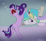  2017 ambiguous_gender belly blush duo equine feral friendship_is_magic horn mammal my_little_pony princess_celestia_(mlp) sleeping sound_effects starlight_glimmer_(mlp) strebiskunk stretching tongue tongue_out unicorn zzz 