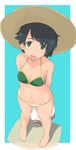  arms_behind_back bangs bikini breasts cleavage green_bikini_top green_eyes green_hair hat kantai_collection kugui_kiyunemu looking_at_viewer mismatched_bikini mogami_(kantai_collection) navel short_hair small_breasts solo straw_hat swept_bangs swimsuit towel white_bikini_bottom 