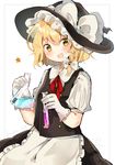  alternate_hair_length alternate_hairstyle apron bangs black_hat black_skirt blonde_hair bow buttons character_name commentary gloves hair_bow hat hat_bow highres holding kirisame_marisa looking_at_viewer short_hair short_sleeves skirt skirt_set smile solo star tamagogayu1998 test_tube touhou vest vial waist_apron white_background white_bow white_gloves yellow_eyes 