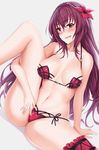  arm_support blush collarbone dutch_angle fate/grand_order fate_(series) flower garters hair_flower hair_ornament hanada_yanochi long_hair looking_at_viewer navel presenting purple_hair red_eyes scathach_(fate)_(all) scathach_(swimsuit_assassin)_(fate) shadow sitting solo spread_legs swimsuit wavy_mouth 