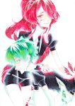  2others absurdres androgynous breaking colored_eyelashes cracked crystal_hair elbow_gloves eyebrows_visible_through_hair gem_uniform_(houseki_no_kuni) gloves green_diamond_(houseki_no_kuni) green_eyes green_hair hair_over_one_eye highres houseki_no_kuni kanitohituzi long_hair looking_at_viewer marker_(medium) missing_limb multiple_others necktie ponytail red_eyes red_hair ruby_(houseki_no_kuni) shards short_hair smile thighhighs traditional_media very_long_hair white_background 