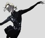  arm_up blonde_hair bodysuit dancing en_(enxxx) fingerless_gloves gloves green_eyes grey_background looking_at_viewer male_focus outstretched_arms parted_lips ponytail simple_background spread_arms upper_body yuri!!!_on_ice yuri_plisetsky 
