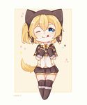  ;p artist_name bangs black_legwear black_shorts bow capelet chibi food food_on_face fur-trimmed_boots fur-trimmed_gloves fur_trim gloves halloween_costume highres holding holding_food kneehighs kousaka_honoka love_live! love_live!_school_idol_project one_eye_closed one_side_up orange_hair paparu_(137135585) paw_print short_hair shorts solo sparkle standing striped striped_legwear sweets tail tongue tongue_out vertical-striped_legwear vertical-striped_shorts vertical_stripes wolf_hood wolf_tail yellow_bow 