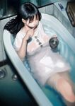  bare_legs bathroom bathtub black_hair breasts brushing_teeth claw_foot_bathtub closed_mouth cowboy_shot cup from_above half-closed_eyes hands_up holding holding_cup indoors knee_up large_breasts leaning_back long_hair looking_to_the_side naked_shirt nipples nizuma no_bra no_pants original partially_submerged radio realistic see-through shirt short_sleeves sitting solo toothbrush water wet wet_clothes white_shirt 