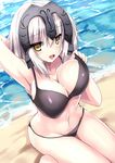  :d ahoge arm_behind_head arm_up armpits bangs bare_arms bare_legs bare_shoulders barefoot beach bikini bikini_pull black_bikini blush breasts cleavage collarbone commentary_request cowboy_shot day eyebrows_visible_through_hair fate/grand_order fate_(series) groin hair_between_eyes hand_up headpiece jeanne_d'arc_(alter)_(fate) jeanne_d'arc_(fate)_(all) large_breasts looking_at_viewer navel open_mouth outdoors pulled_by_self ryokushiki_(midori-ya) short_hair simple_background sitting smile solo stomach swimsuit thigh_gap wariza water white_hair yellow_eyes 