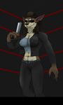  2017 abs android anthro belt breasts brown_fur brown_hair canine claws cleavage clothed clothing eyewear fangs female fur furryrex_(artist) glowing glowing_eyes gun hair handgun jacket machine mammal nails navel pants pistol ranged_weapon red_eyes robot solo sunglasses terminator video_games warcraft weapon were werewolf wolf worgen zergrex 