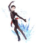  arm_up black_hair bodysuit brown_eyes en_(enxxx) figure_skating hair_slicked_back ice ice_skates katsuki_yuuri male_focus skates smile sparkle yuri!!!_on_ice 