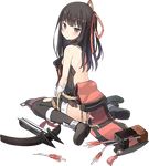  arrow back black_hair bowgun breasts broken broken_weapon full_body isegawa_yasutaka long_hair official_art oshiro_project oshiro_project_re quiver red_eyes sideboob sidelocks sitting small_breasts solo thighhighs torn_clothes transparent_background uchi_(oshiro_project) weapon 