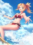  :d bikini blonde_hair breasts cleavage cloud cloudy_sky collarbone day eyebrows_visible_through_hair fate/grand_order fate_(series) floating_hair from_below front-tie_bikini front-tie_top gogatsu_fukuin green_eyes groin hair_ornament hair_scrunchie highres long_hair medium_breasts mordred_(fate)_(all) mordred_(swimsuit_rider)_(fate) navel open_mouth outdoors ponytail red_bikini red_scrunchie scrunchie side-tie_bikini sideboob sky smile solo standing swimsuit 