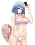  bikini blue_hair brown_eyes card cowboy_shot hat hat_removed headwear_removed holding holding_card naga1047 navel seaside_muramoto short_hair simple_background solo standing sun_hat swimsuit tag_force white_background white_bikini yuu-gi-ou 