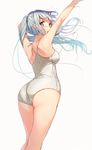  arms_up ass blush breasts from_behind from_below green_eyes long_hair looking_at_viewer looking_back medium_breasts one-piece_swimsuit open_mouth original silver_hair simple_background solo swimsuit twintails white_background white_swimsuit wingheart 