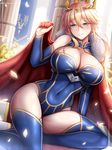  absurdres ahoge armor arms_up artoria_pendragon_(all) artoria_pendragon_(lancer) bangs banner bare_shoulders blonde_hair blue_legwear blue_leotard blush braid breasts cape cleavage cleavage_cutout closed_mouth column covered_navel cross crown curvy detached_collar eyebrows eyebrows_visible_through_hair eyelashes fate/grand_order fate_(series) flower french_braid fur-trimmed_cape fur_trim green_eyes guardian-panda hair_between_eyes highleg highleg_swimsuit highres holding holding_cape jewelry large_breasts leotard light_particles light_smile lily_(flower) long_hair looking_at_viewer navel petals pillar plant red_cape shiny shiny_clothes shiny_hair shiny_skin sidelocks simple_background sitting sitting_on_stairs smile solo stairs sunlight swept_bangs swimsuit thighhighs wind window 