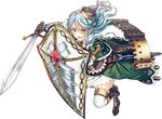  boots breasts conwy_(oshiro_project) cross-laced_footwear crown dress full_body gloves green_dress holding holding_shield holding_sword holding_weapon lace-up_boots large_breasts light_blue_hair long_hair official_art oshiro_project oshiro_project_re saijou_haruki shield solo sword transparent_background weapon yellow_eyes 