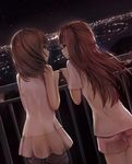  bare_shoulders blush brown_eyes brown_hair city city_lights cityscape close-up dutch_angle from_behind highres long_hair looking_at_another missile228 multiple_girls night night_sky one_side_up open_mouth original profile railing short_hair short_sleeves shorts sky smile standing star_(sky) starry_sky 
