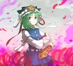  black_skirt blue_vest flower green_eyes green_hair juliet_sleeves light_smile long_sleeves makuwauri puffy_sleeves red_ribbon ribbon rod_of_remorse shiki_eiki short_hair skirt solo spider_lily touhou vest white_ribbon 