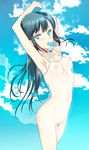  armpits arms_up blue_eyes blue_hair breasts cloud coin_rand collarbone day food food_in_mouth highres long_hair medium_breasts mouth_hold nipples original popsicle pubic_hair see-through sky small_breasts solo wind 
