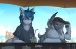  2017 absol ambiguous_gender anthro beverage blue_eyes canine clothing duo_focus eyewear feline fox fur glasses group hat mammal nintendo pok&eacute;mon red_eyes straw umbrella video_games white_fur zinfyu zoroark 