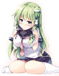  alternate_costume bangs black_panties blue_eyes blue_skirt blush bow bow_panties breasts closed_mouth commentary_request contemporary eyebrows_visible_through_hair frog_hair_ornament green_hair hair_ornament hair_tubes holding holding_panties kochiya_sanae large_breasts long_hair looking_at_viewer miyase_mahiro neckerchief no_shoes panties pleated_skirt school_uniform serafuku short_sleeves sidelocks simple_background sitting skirt snake_hair_ornament socks solo touhou underwear wariza white_background white_bow white_legwear 