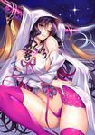  breasts cleavage fate/extra fate/extra_ccc fate_(series) highres horns large_breasts long_hair looking_at_viewer panties piromizu purple_hair sesshouin_kiara thighhighs underwear 