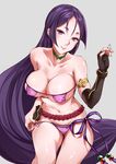  absurdres black_gloves breasts cleavage elbow_gloves eyepatch_bikini fate/grand_order fate_(series) fingerless_gloves gloves highres large_breasts long_hair looking_at_viewer low-tied_long_hair minamoto_no_raikou_(fate/grand_order) minamoto_no_raikou_(swimsuit_lancer)_(fate) purple_background purple_eyes purple_hair single_glove smile solo tonyxx50 very_long_hair 