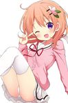  ;d bangs blush buttons cardigan eyebrows_visible_through_hair gochuumon_wa_usagi_desu_ka? hair_ornament hand_up hoto_cocoa hoto_cocoa's_school_uniform itamochi long_sleeves looking_at_viewer one_eye_closed open_mouth orange_hair panties pink_cardigan pleated_skirt purple_eyes red_ribbon ribbon school_uniform serafuku short_hair simple_background skirt smile solo thighhighs underwear v v_over_eye white_background white_legwear white_panties white_skirt 