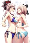  :t =3 adapted_costume ahoge akita_hika angry aqua_bikini ass asymmetrical_docking asymmetrical_hair bangs bikini black_bow blonde_hair blue_eyes blush bow breast_envy breast_press breasts closed_mouth cowboy_shot eyebrows_visible_through_hair fate/grand_order fate_(series) flying_sweatdrops green_eyes hair_bow hair_ornament halter_top halterneck highres koha-ace large_breasts light_smile long_hair looking_at_viewer looking_away miyamoto_musashi_(fate/grand_order) multiple_girls navel okita_souji_(fate) okita_souji_(fate)_(all) parted_lips pink_hair ponytail pout profile purple_bikini short_hair short_ponytail side-tie_bikini sidelocks silver_hair simple_background single_sidelock steam sweatdrop swimsuit symmetrical_docking thighs v-shaped_eyebrows white_background 