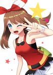  ;d absurdres blue_eyes bow bracelet brown_hair fanny_pack hair_bow haruka_(pokemon) highres jewelry long_hair looking_at_viewer one_eye_closed open_mouth pokemon pokemon_(game) pokemon_oras pose red_bow red_shirt shirt shorts smile solo star striped striped_bow v yuihiko 