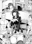  6+boys ass beard belt bow breasts changing_room chicke_iii chinese cleavage cleavage_cutout comic facial_hair from_below greyscale hair_between_eyes hair_bow highres kono_subarashii_sekai_ni_shukufuku_wo! large_breasts mohawk monochrome multiple_boys muscle naked_towel necktie no_panties sweatdrop thighhighs towel translation_request yunyun_(konosuba) 