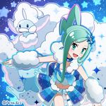  :d akika_821 altaria aqua_hair blue_eyes blue_neckwear blue_skirt earrings gen_3_pokemon hair_ornament jewelry lucia_(pokemon) mega_pokemon midriff navel open_mouth pokemon pokemon_(creature) pokemon_(game) pokemon_oras short_shorts shorts single_thighhigh skirt smile standing thighhighs white_legwear 