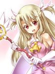  blush brown_hair elbow_gloves eyebrows_visible_through_hair fate_(series) gloves illyasviel_von_einzbern kagkfc1z long_hair looking_at_viewer magical_ruby open_mouth prisma_illya red_eyes smile solo upper_body white_gloves 