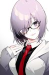  absurdres blush breasts fate/grand_order fate_(series) glasses hair_over_one_eye highres hood hooded_jacket jacket kayahara looking_at_viewer mash_kyrielight medium_breasts necktie purple_eyes purple_hair simple_background smile solo white_background 